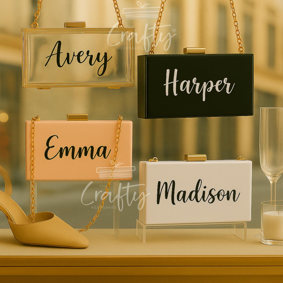 Personalised Acrylic Box Clutch: Custom Embroidered Name Wedding Bag