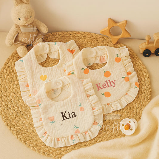 Personalised Name Baby Bib: Custom Embroidered Ruffled Cotton Feeding Bib