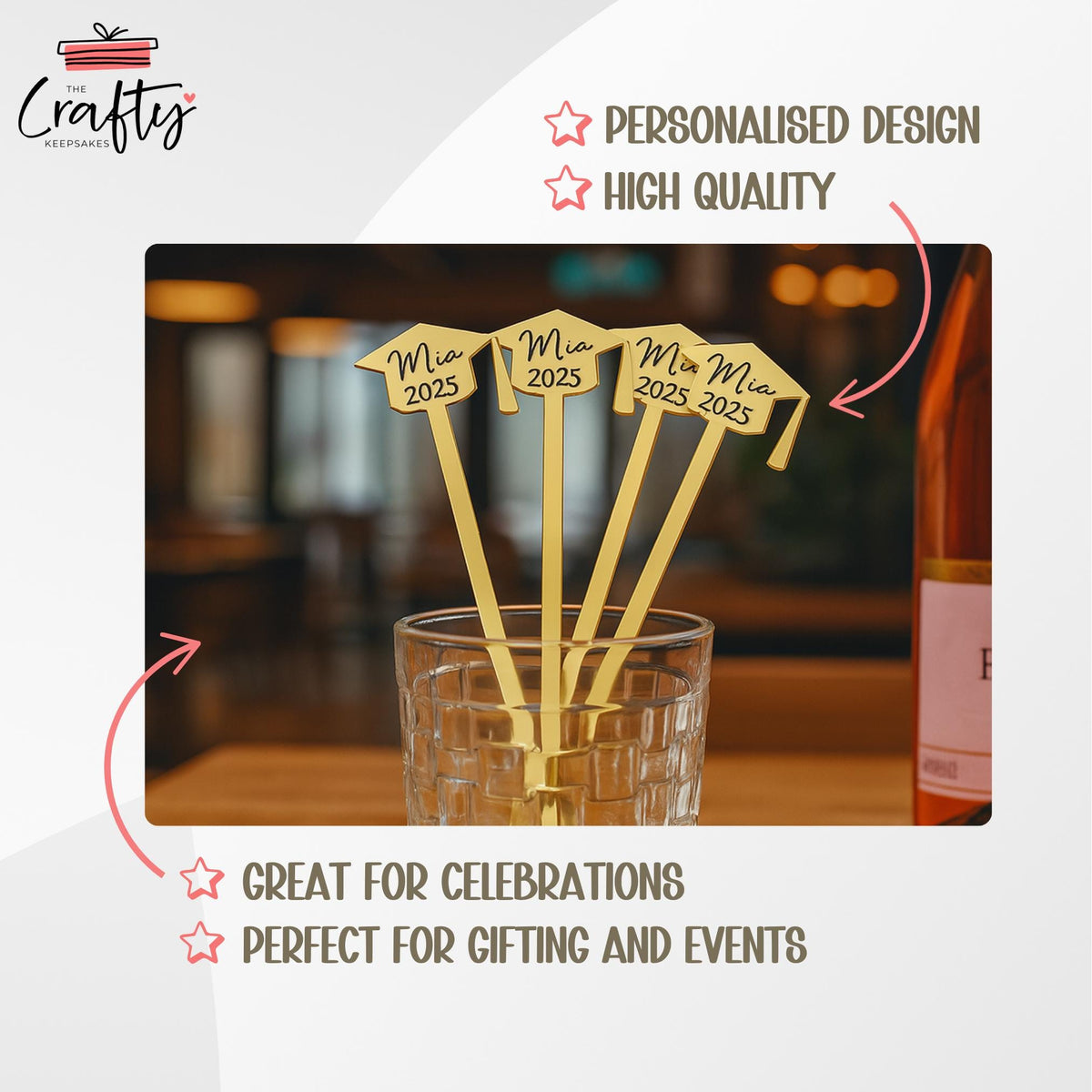Personalised Graduation Drink Stirrers: Acrylic Class of 2025 Party Favours