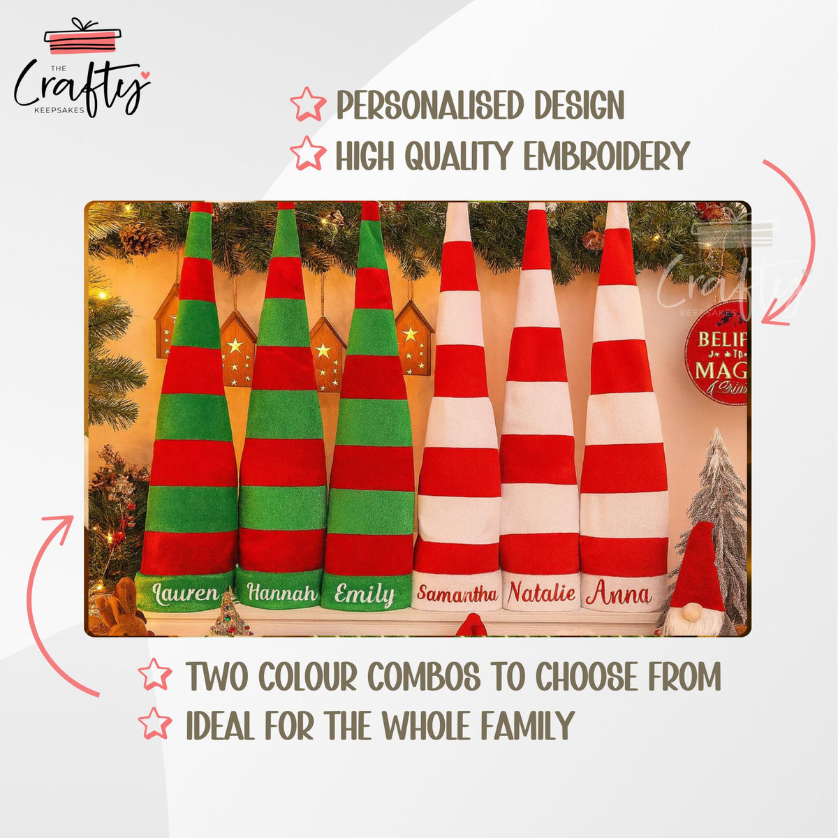 Personalised Long Christmas Hat: Custom Embroidered Elf Hat, Red and White or Red and Green Extra Tall Holiday Hat, Party Costume Fun