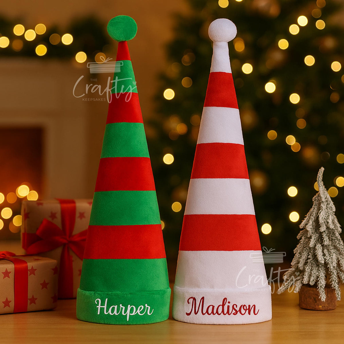 Personalised Long Christmas Hat: Custom Embroidered Elf Hat, Red and White or Red and Green Extra Tall Holiday Hat, Party Costume Fun