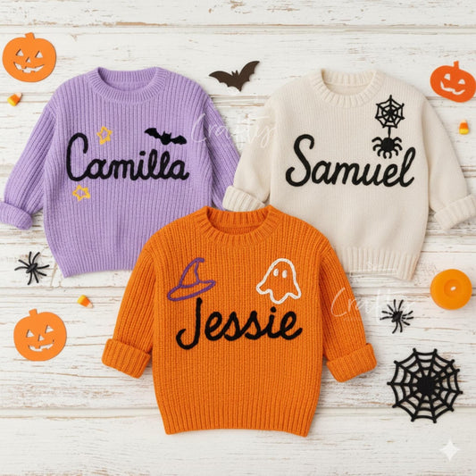 Personalised Halloween Baby Jumper: Embroidered Custom Name, Spooky Apparel